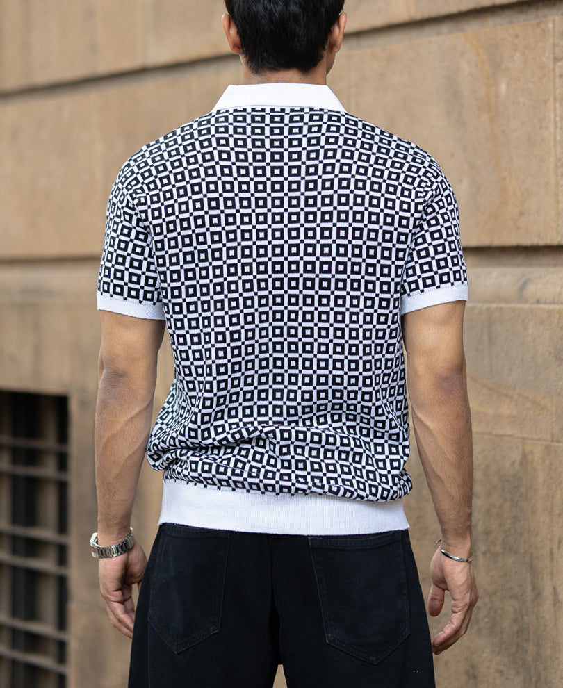 Black Jacquard Contrast Collar T-Shirt