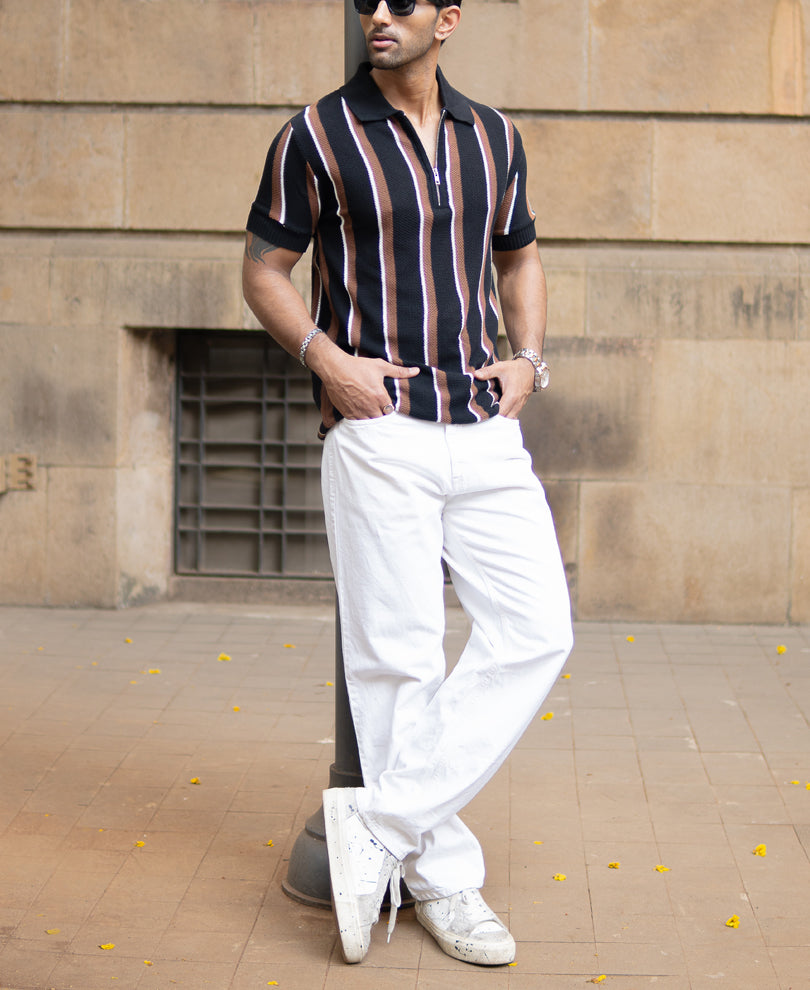 Multicolour Knitted Stripe Zipper T-Shirt
