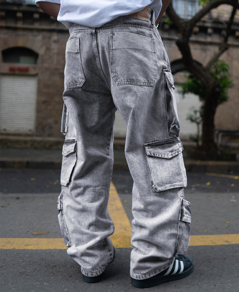 Grey Multi Pockets Baggy Fit Cargo Denim Jeans