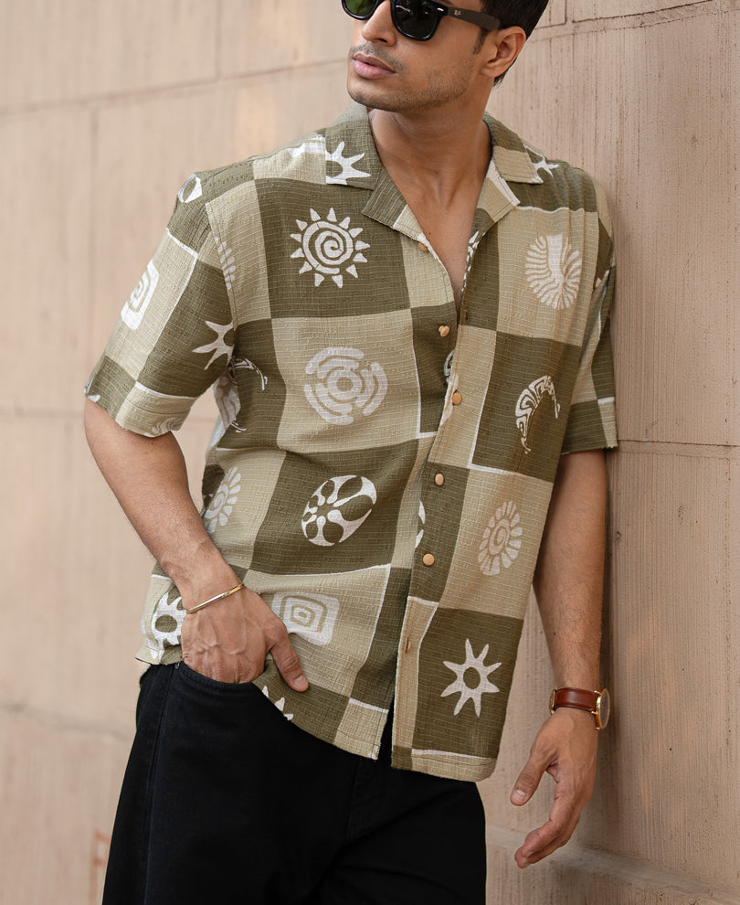Green Structured Cuban Printed Shirt