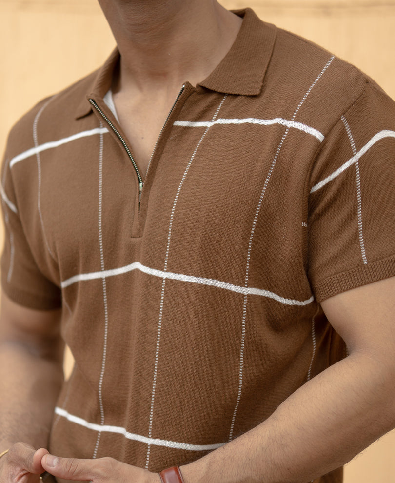 Brown Knitted Checks T-Shirt