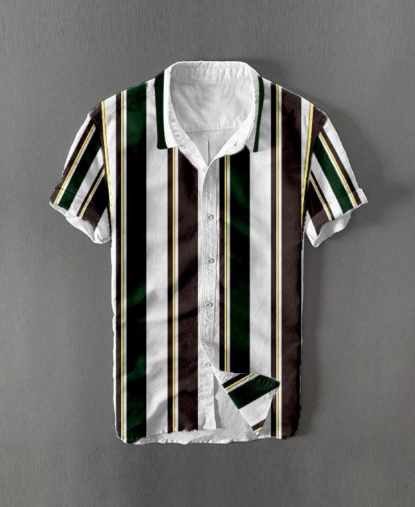 Green And White Vertical Stripes Print Half Sleeves Shirt