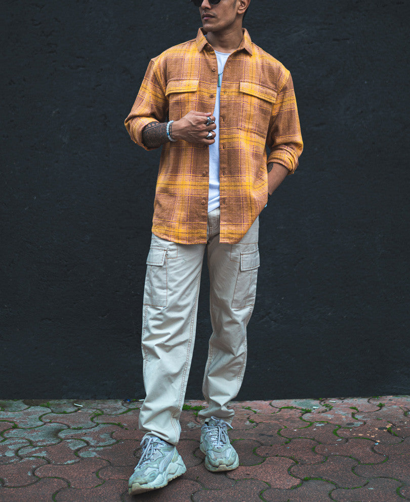 Mustard and Brown Checks Shacket Oversized Shirt