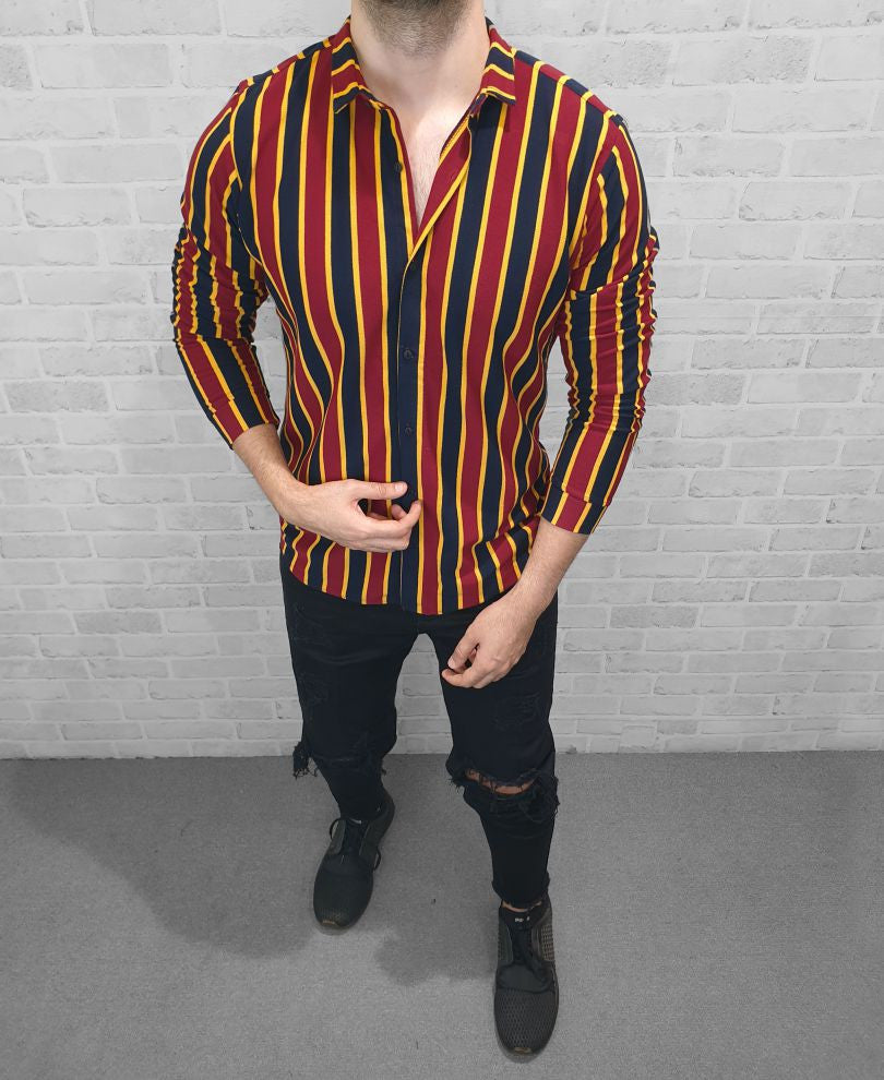 Mustard And Blue Button Style Full Sleeves T Shirt