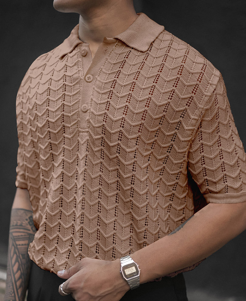 Beige Crochet Knit Half Sleeves T Shirt