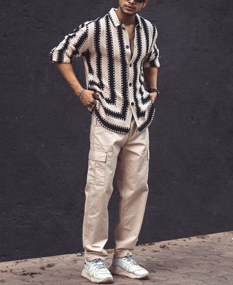 Black and White Crochet Knit Striped Oversized Shirt