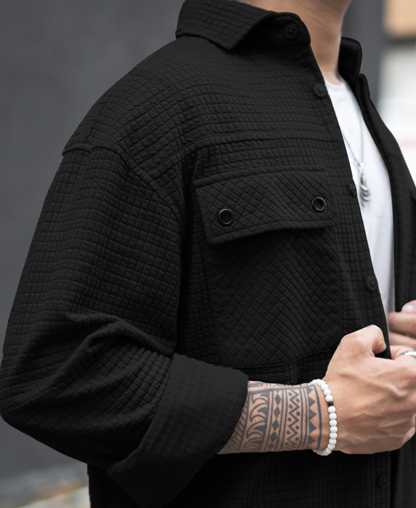 Black Structured Knit Full Sleeves Oversized Shirt