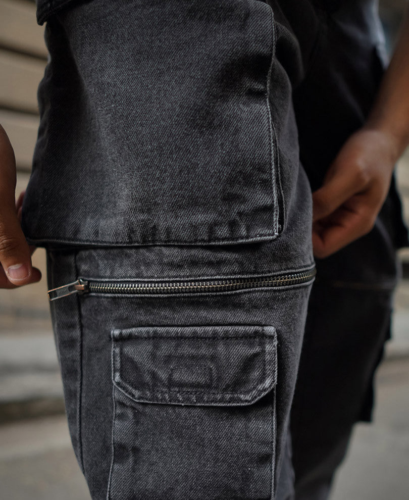 Black Denim Cargo Pocket Baggy Fit Jeans