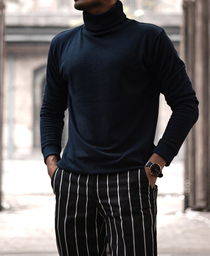 Navy Blue Polo Neck Full Sleeves T Shirt