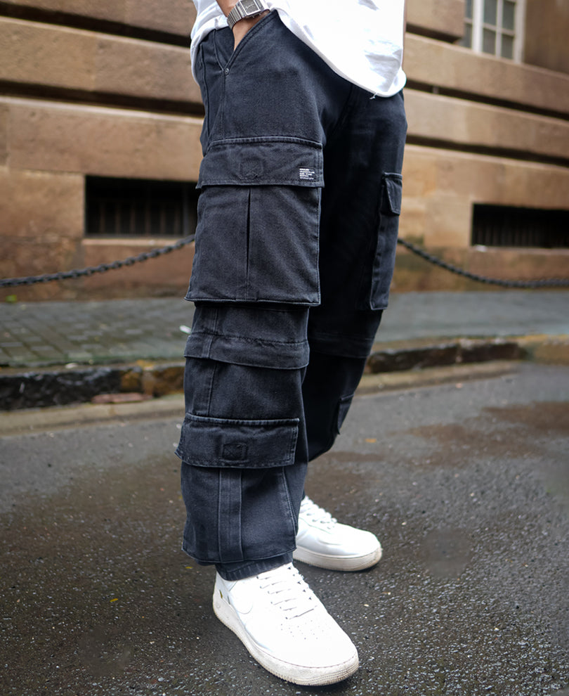 Black Baggy Fit Denim Cargo Jeans with Knee Zipper