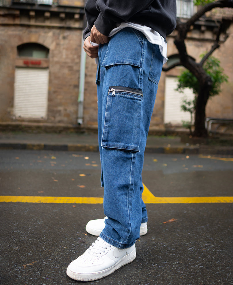 Dark Blue Solid Baggy Fit Cargo Denim Jeans