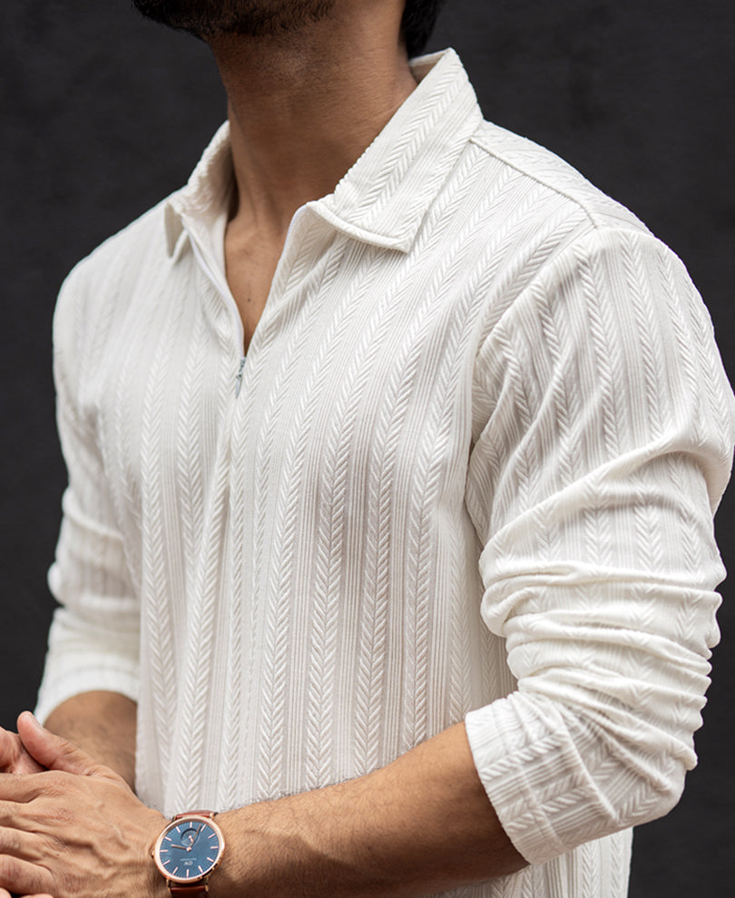 White Structured Regular Fit T-Shirt With Zip