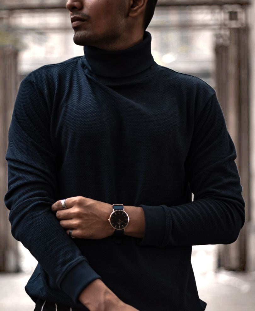 Navy Blue Polo Neck Full Sleeves T Shirt