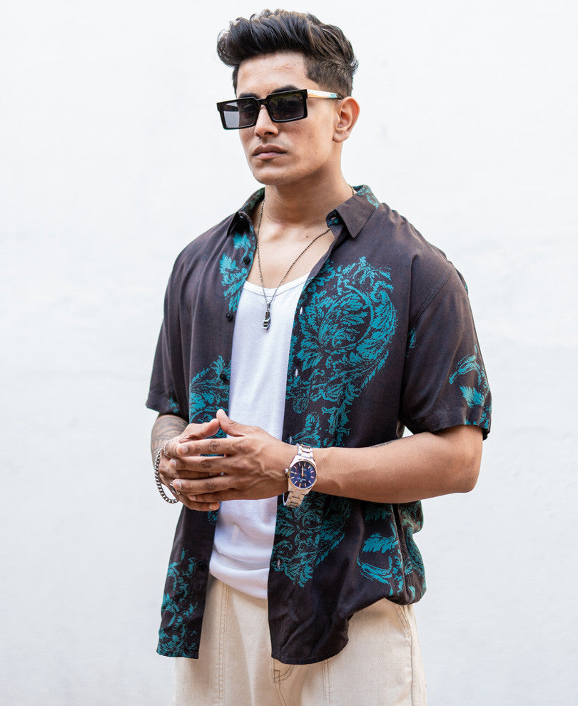 Black Flowers Print Half Sleeves Shirt