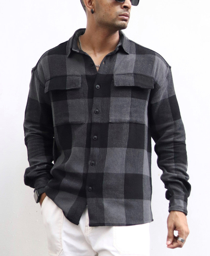 Charcoal Black Checks Structured Oversize Drop Shoulder Shirt