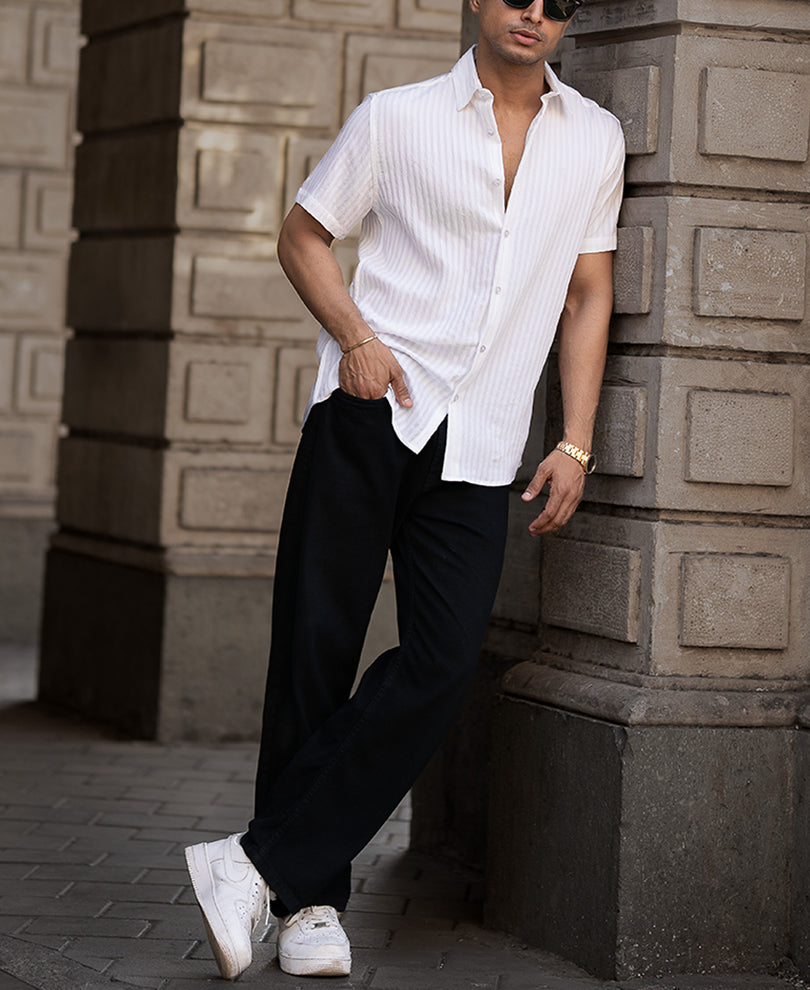 White Regular Fit Structure Half Sleeves Shirt