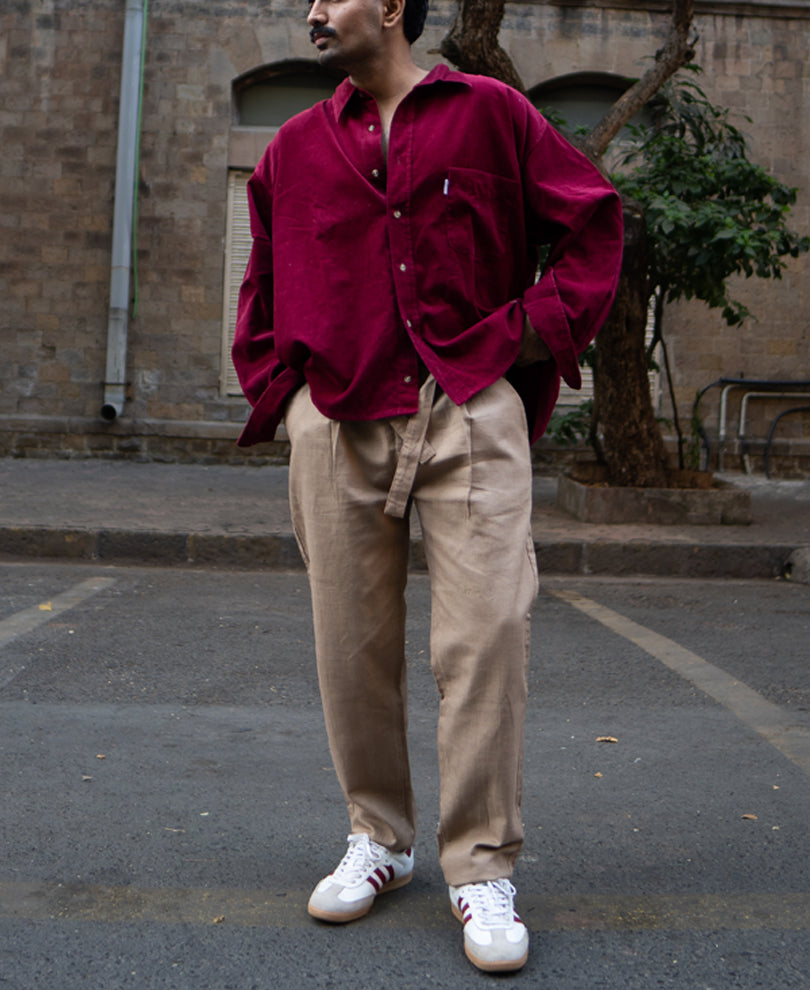 Beige Cotton Pant With Belt