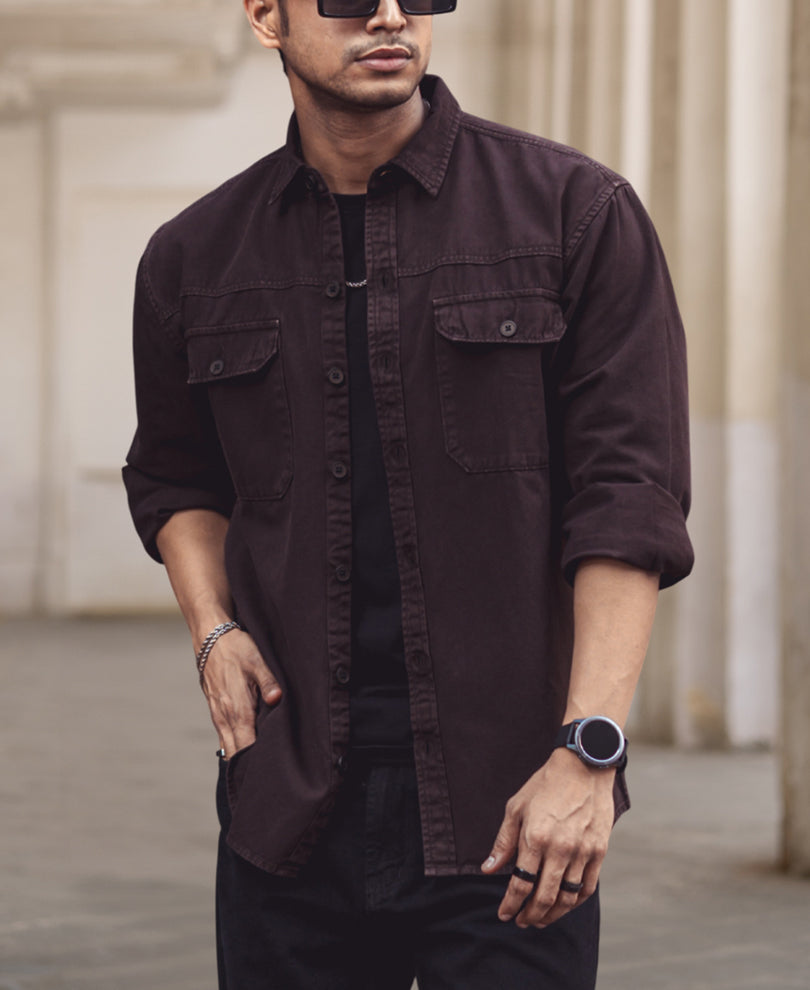 Dark Brown Denim Shacket Full Sleeves Shirt