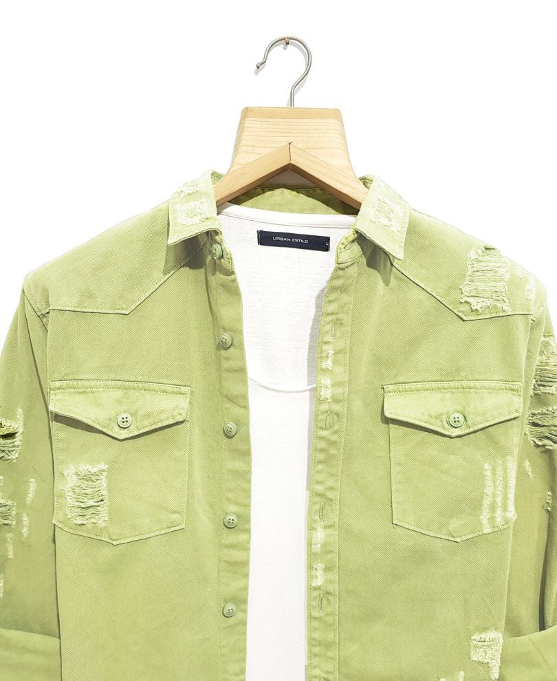 Green Ripped Denim Casual Shirt