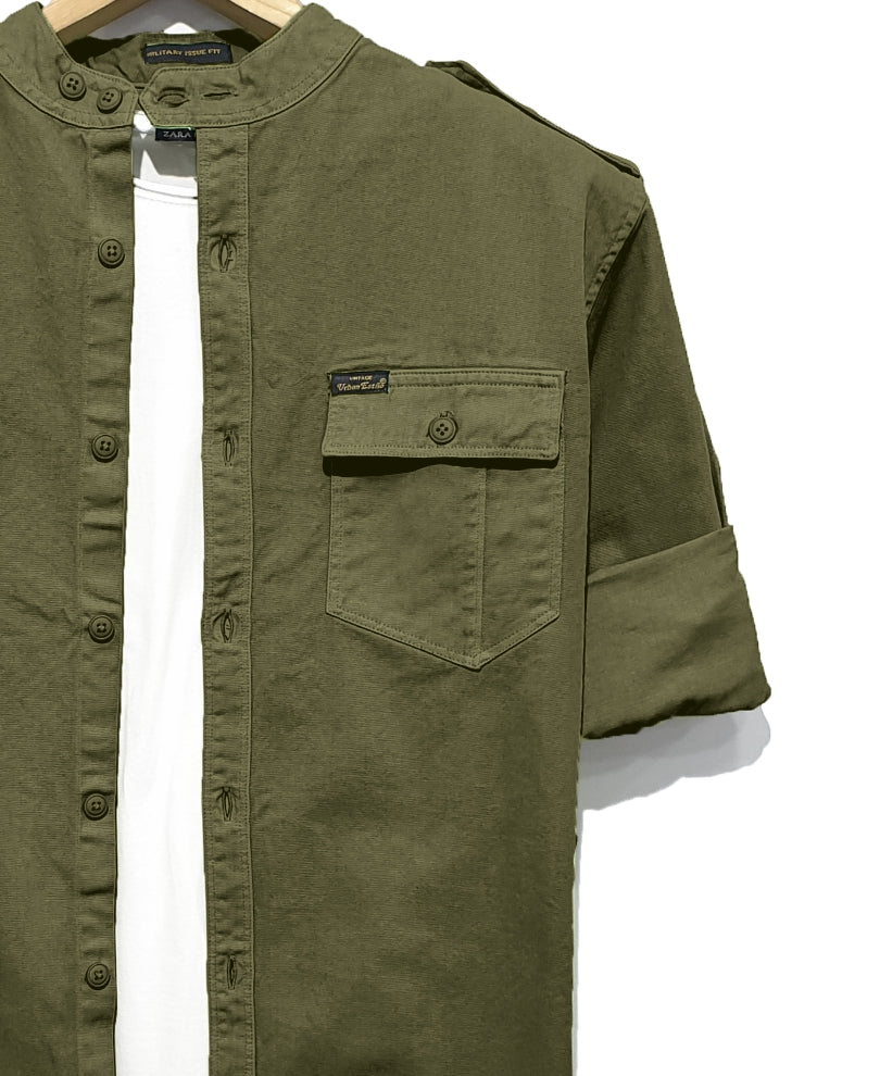 Olive Green Chinese Collar Denim Casual Shirt
