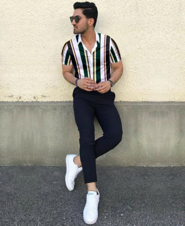 Green And White Vertical Stripes Print Half Sleeves Shirt