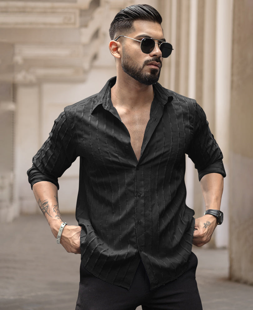 Black Stripe Structured Regular Fit Full Sleeves Shirt