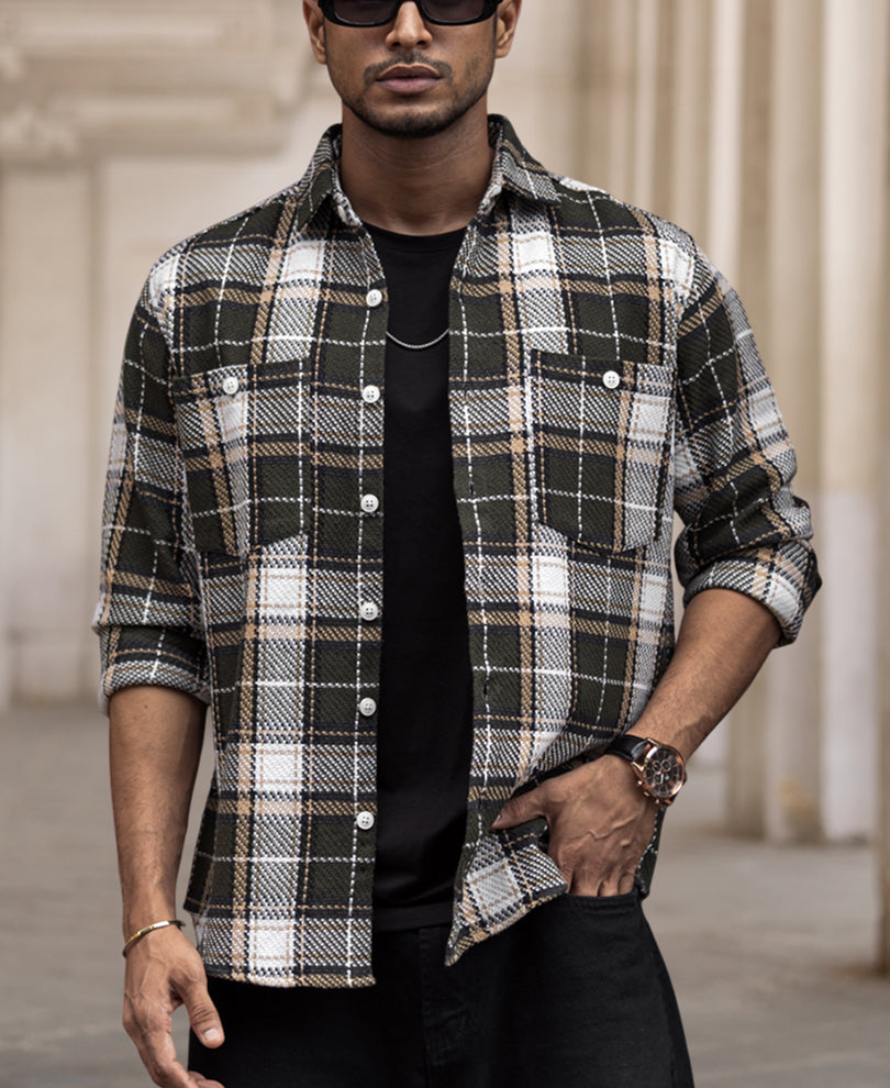 Olive Green Checked Regular Fit Full Sleeves Shirt