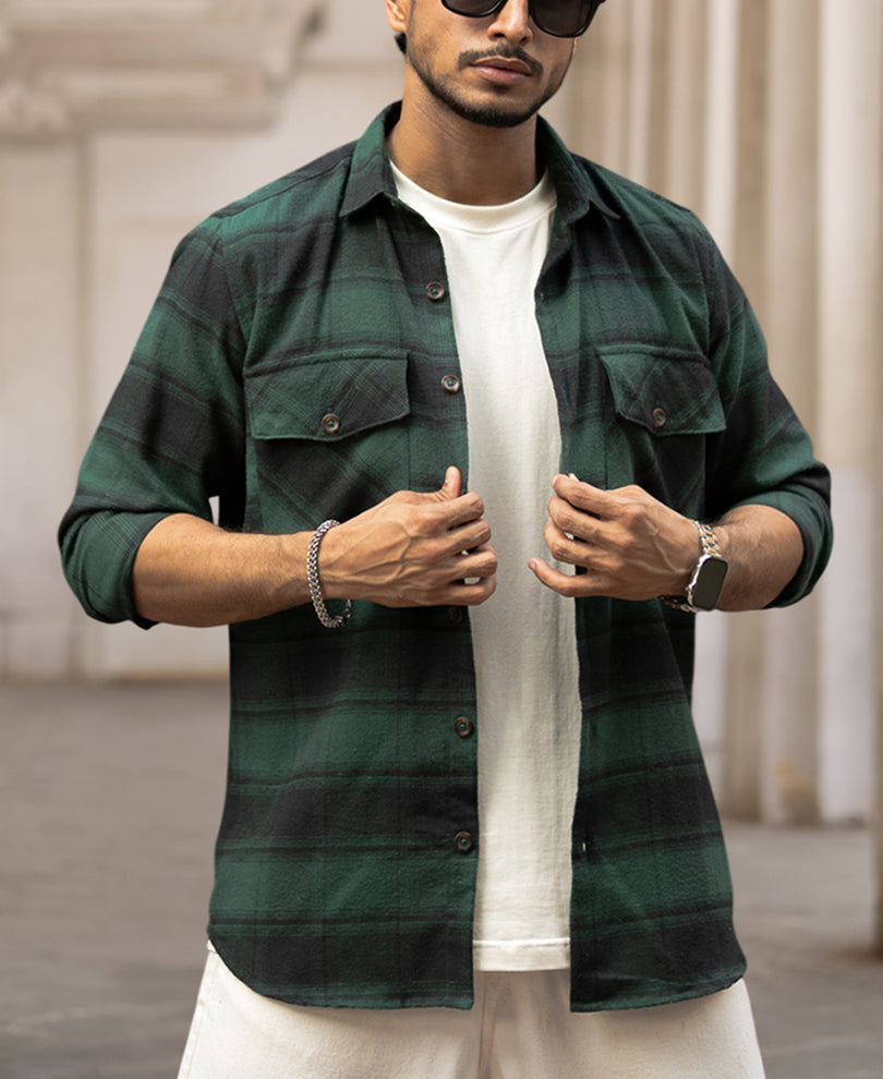 Green Checks Regular Fit Full Sleeves Shirt