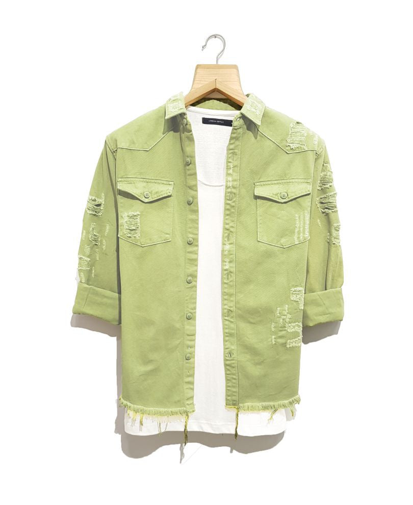 Green Ripped Denim Casual Shirt