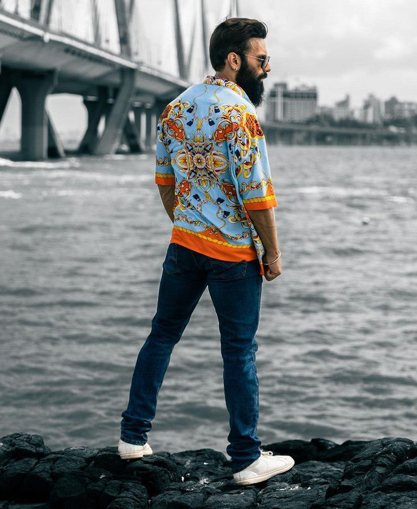 Sky Blue Vintage Print Oversize Drop Shoulder Shirt