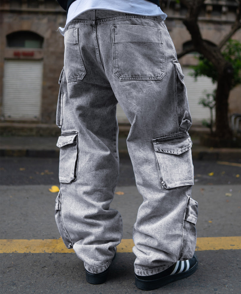 Grey Multi Pockets Baggy Fit Cargo Denim Jeans