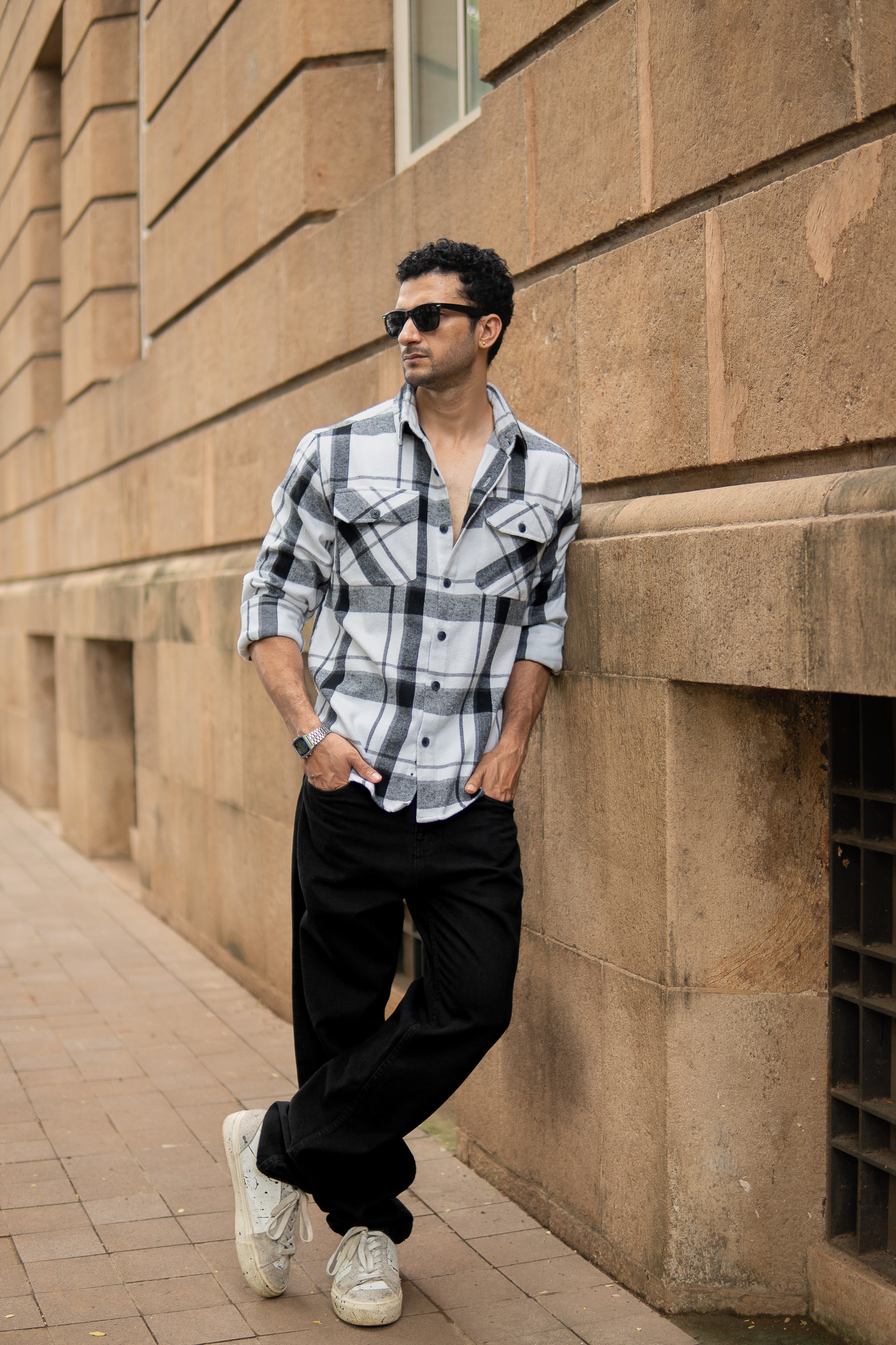 White And Black Checks Shirt With Pockets