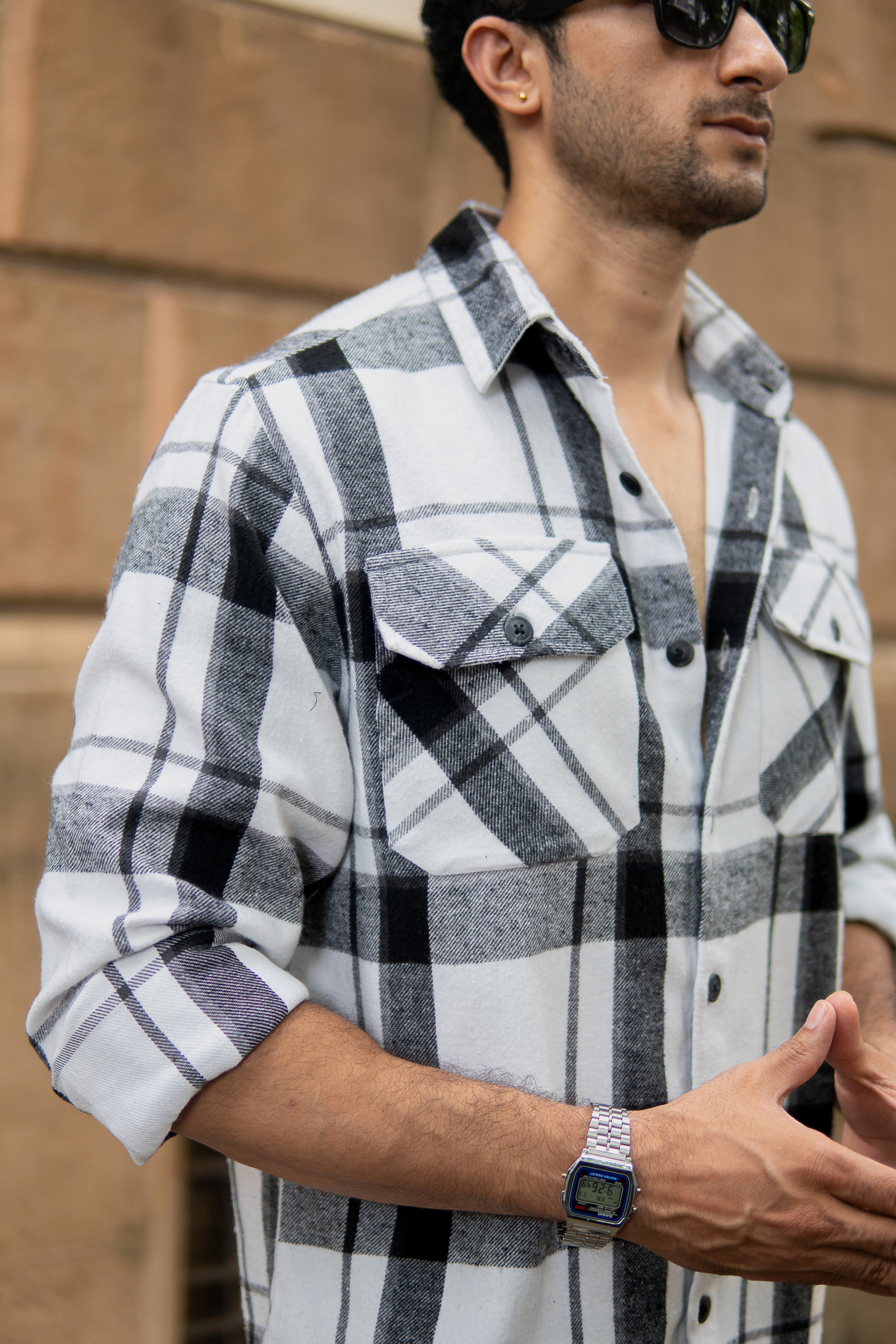 White And Black Checks Shirt With Pockets