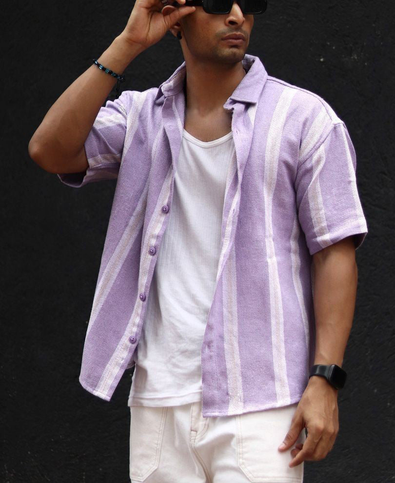 Purple Striped Structured Oversize Drop Shoulder Shirt