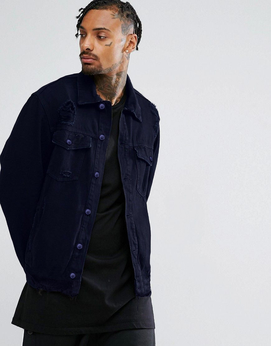 Navy Blue Ripped Denim Casual Shirt