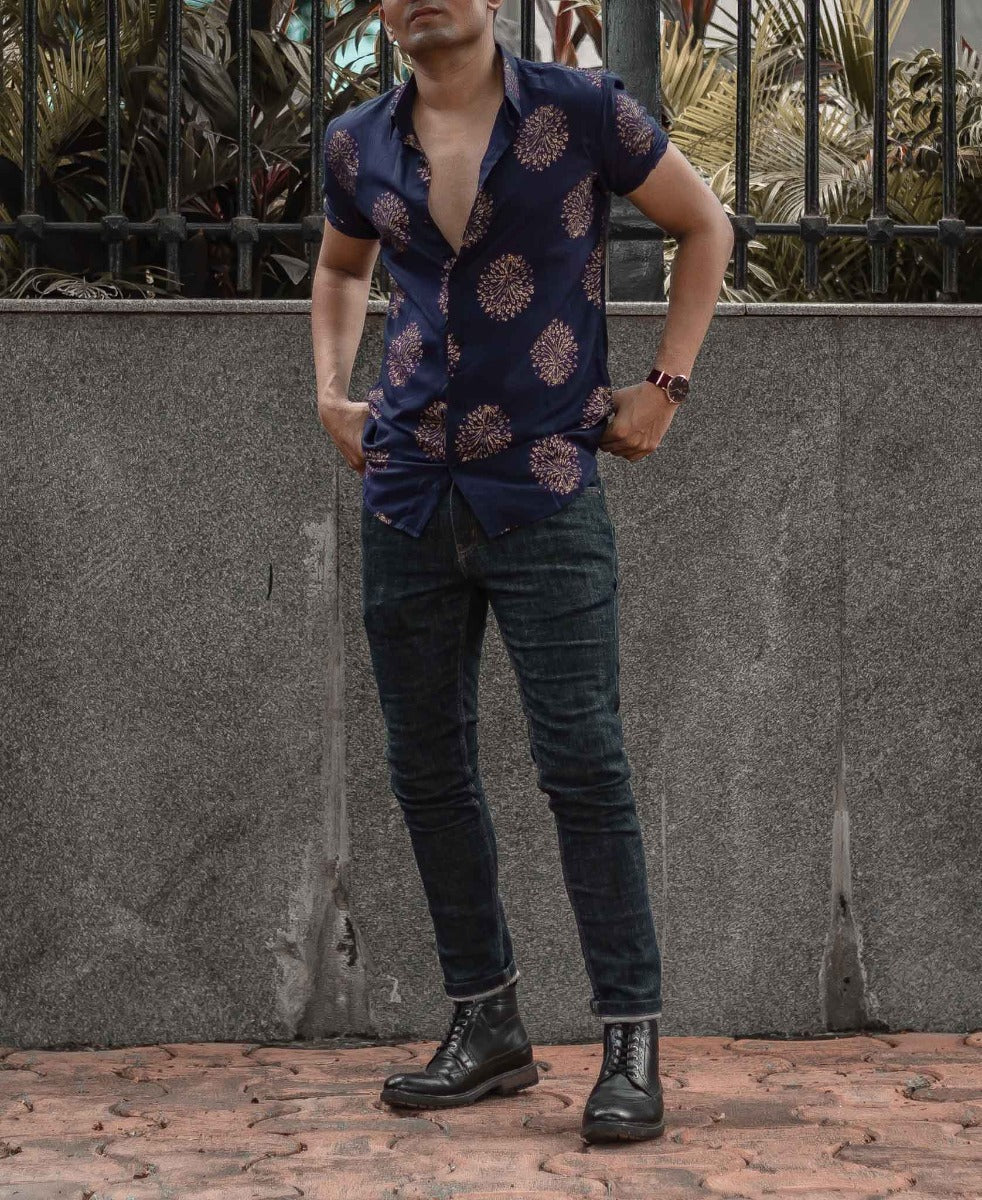 Urban Navy Blue Printed Half Sleeves Shirt