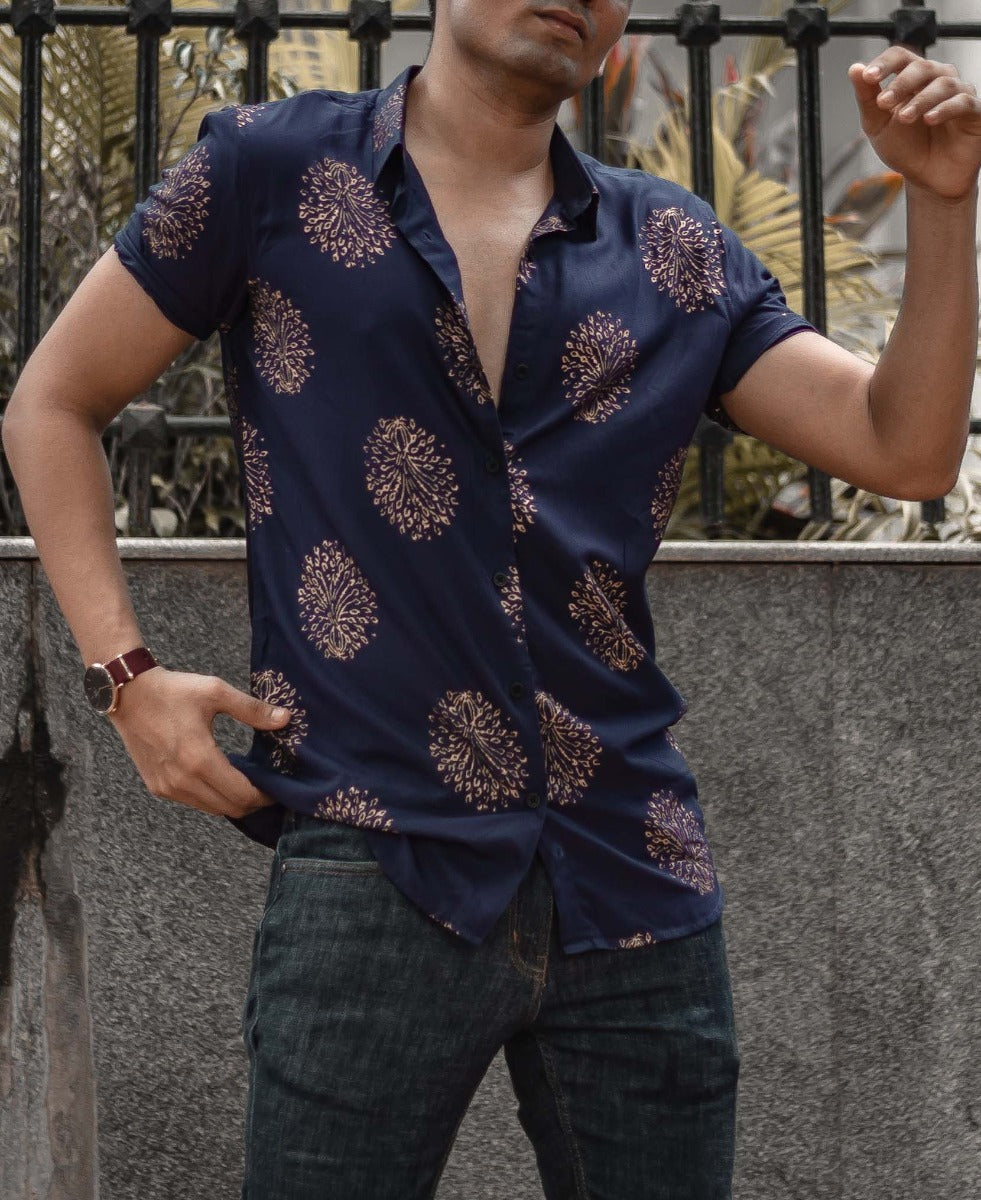 Urban Navy Blue Printed Half Sleeves Shirt