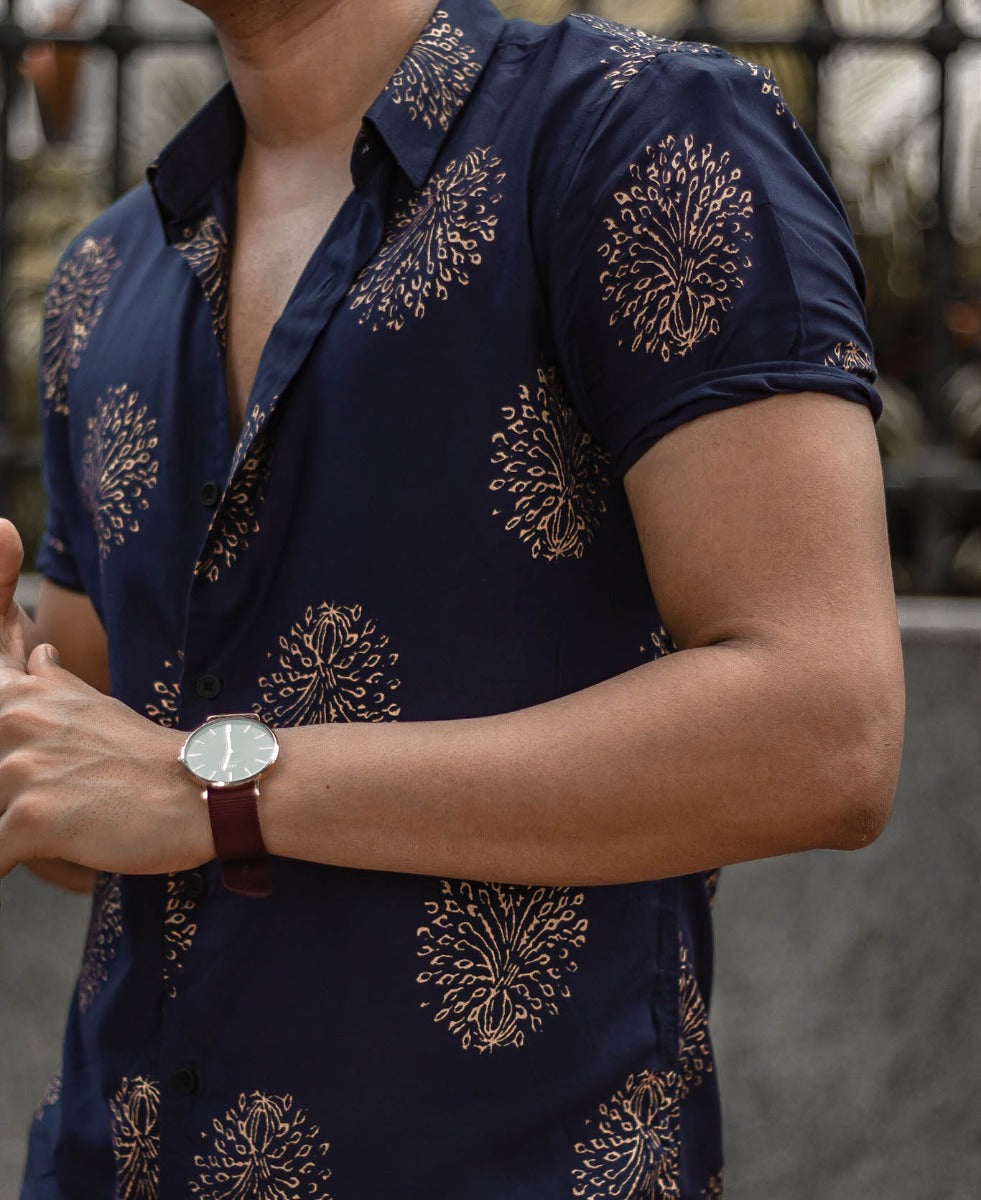 Urban Navy Blue Printed Half Sleeves Shirt