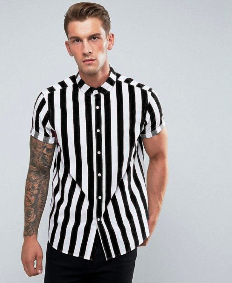 Black And White Stripes Print Half Sleeves Shirt
