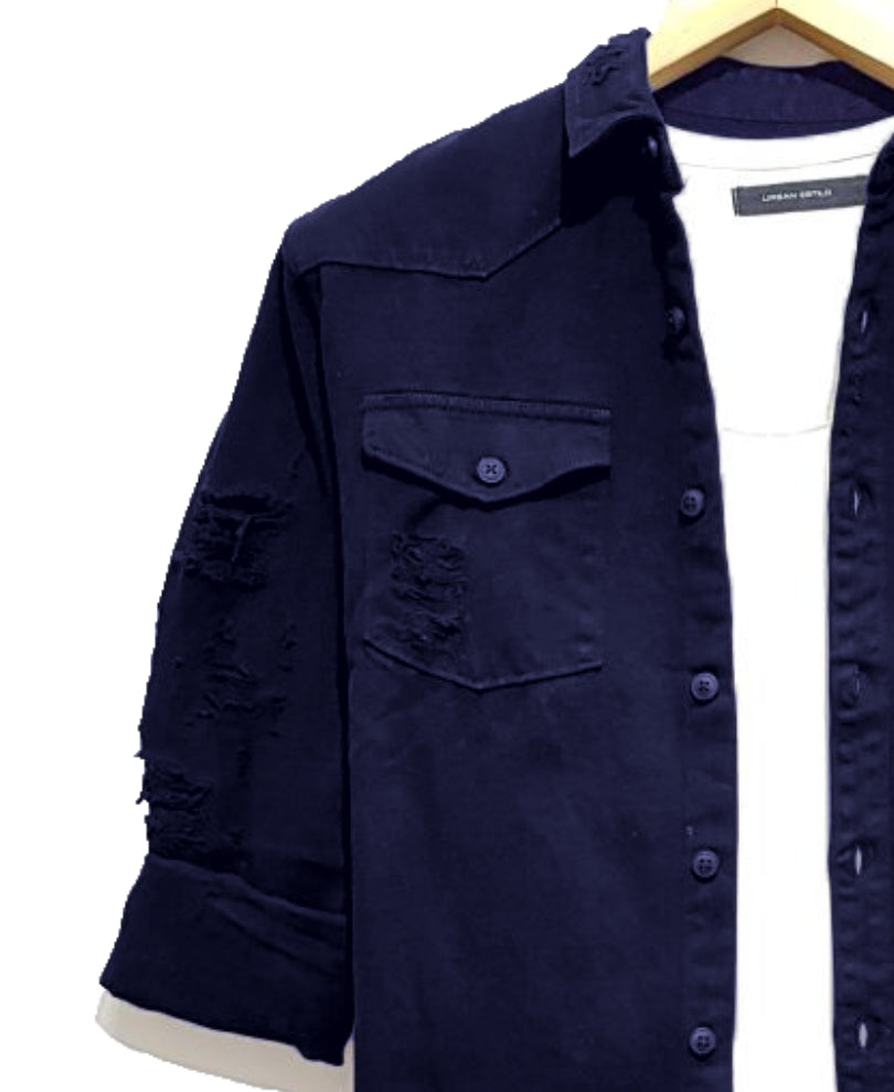 Navy Blue Ripped Denim Casual Shirt