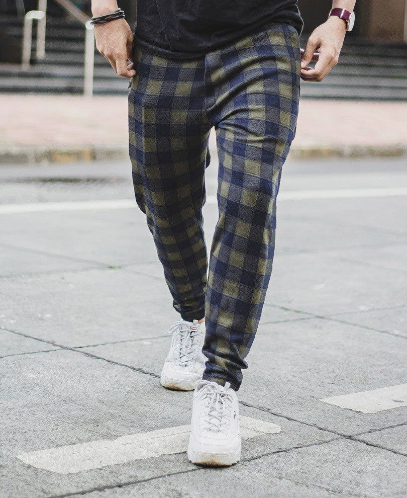 Olive Green Checks Track Pant