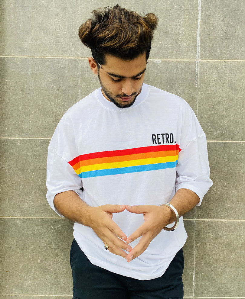 White Retro Printed Oversize Drop Shoulder T Shirt