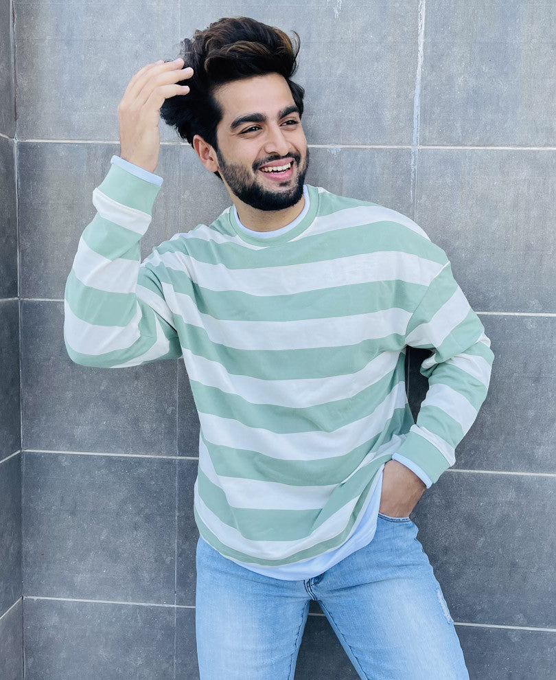 White and Green Stripes Oversize Drop Shoulder T Shirt