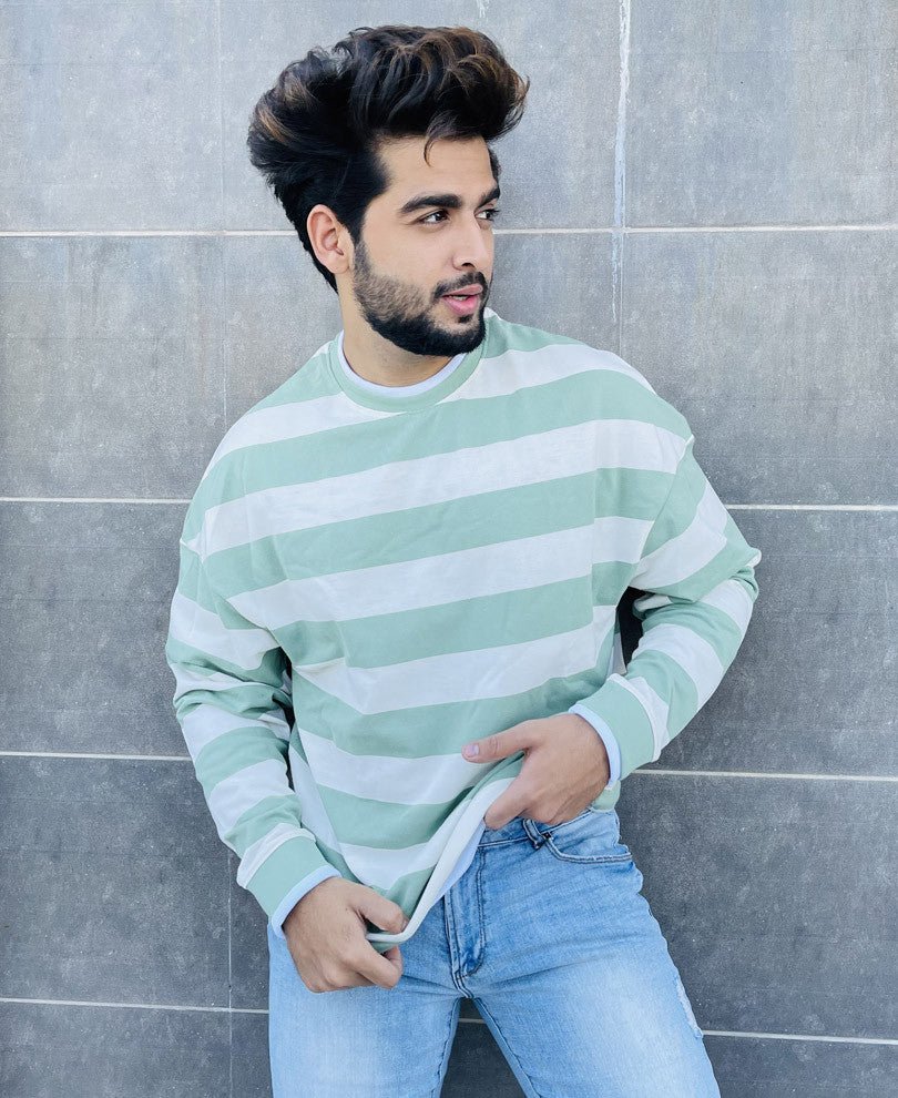 White and Green Stripes Oversize Drop Shoulder T Shirt
