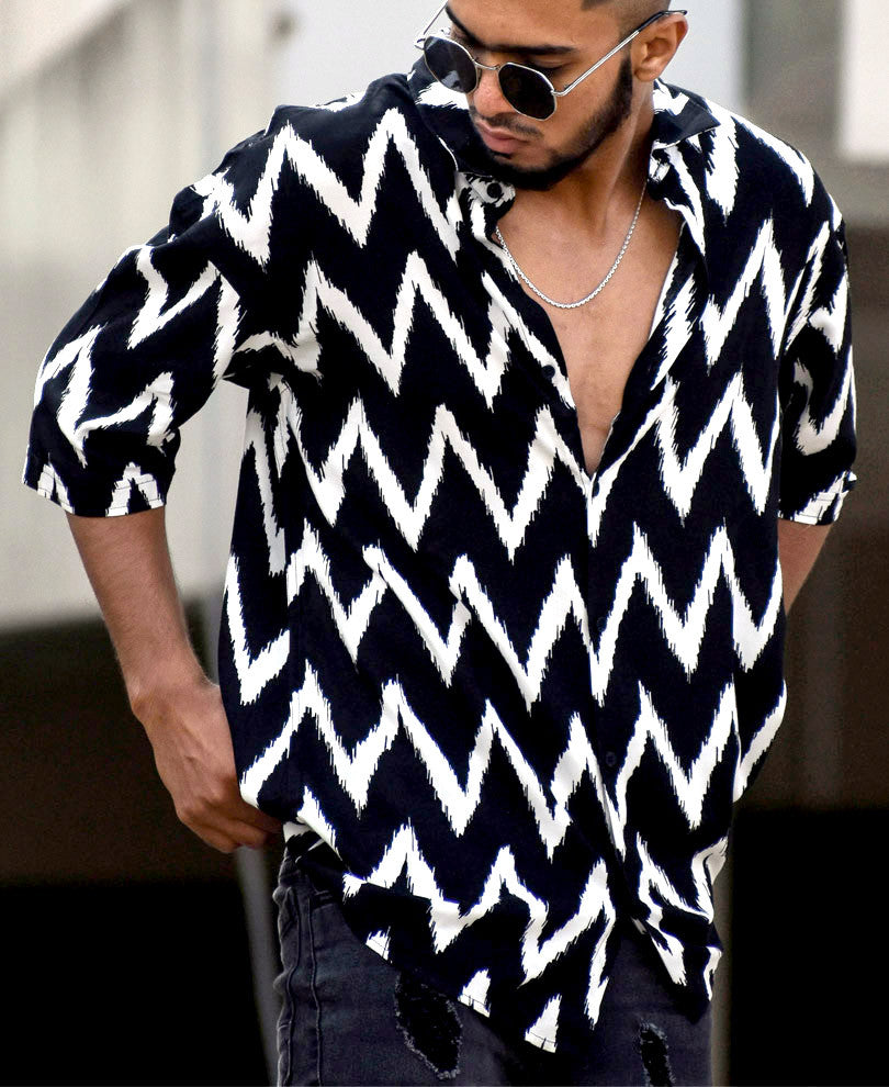 Black Zig Zag Lines Print Oversize Drop Shoulder Shirt