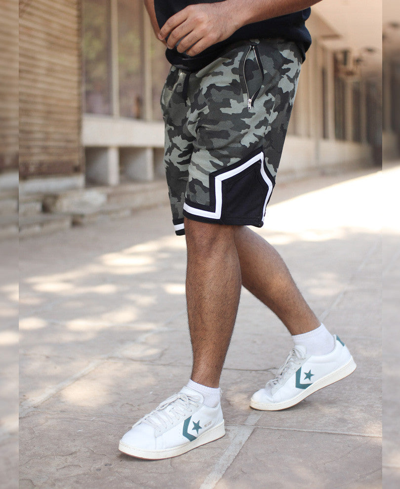 Olive Green With Side Zip Camouflage Shorts