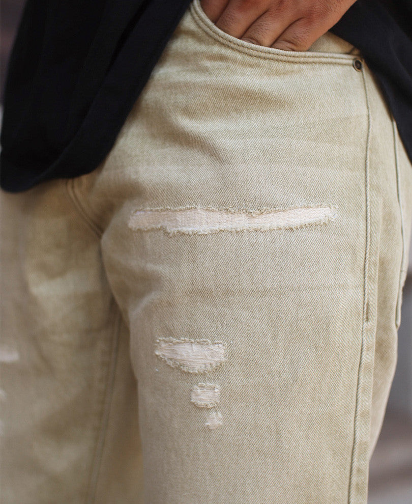 Beige Non-Stretch Straight Fit Denim Jeans