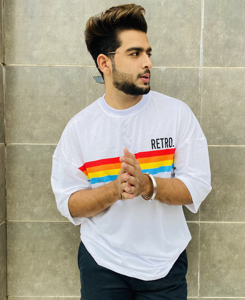 White Retro Printed Oversize Drop Shoulder T Shirt