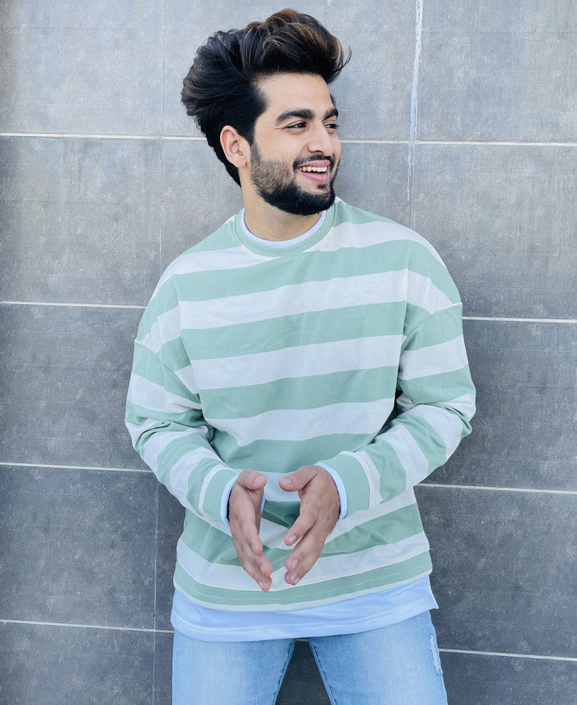 White and Green Stripes Oversize Drop Shoulder T Shirt