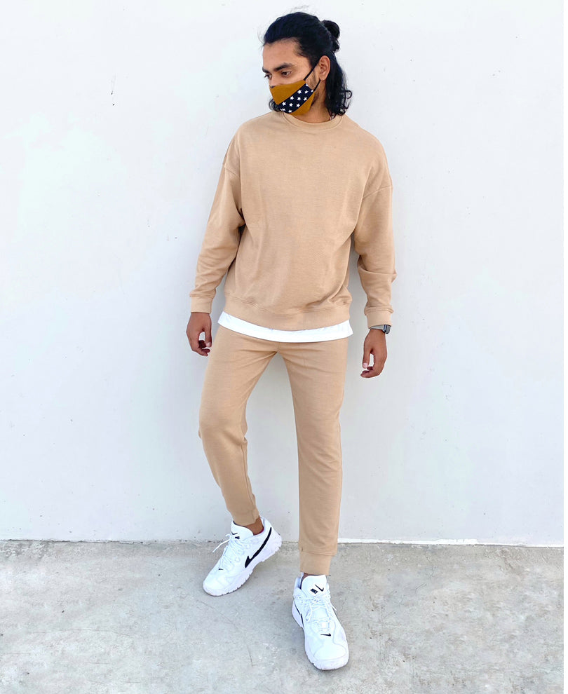 Beige Panel Attached Oversize Drop Shoulder Tracksuit
